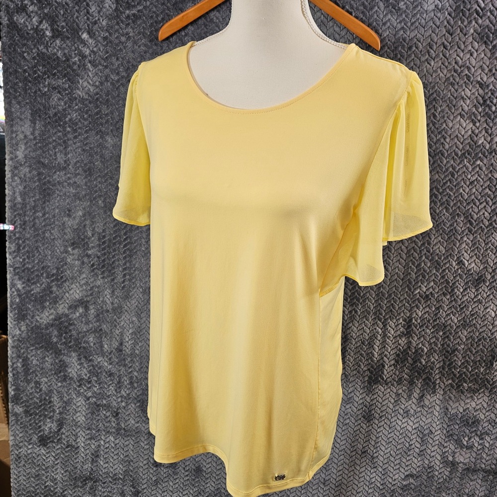 Calvin Klein Yellow Flutter Sleeve Sheer Overlay Top Size‎ M Flowy & Whimsical